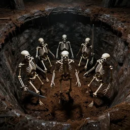 5 living undead skeletons emerging from a pile of brown shit and dirt in the bottom of a very dark well. swords in their hands. wide angle. trending on artstation, craig mullins, gopro lens.