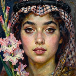 beautiful portrait of an arab woman, beautiful eyes,gladioli, close-up, face in focus, intricate oil painting by John William Godward and Anna Dittman, Neo-Gothic, Neoclassical, painted with a palette knife, heavy impasto,Neo-Gothic