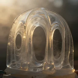 7 0 mm photograph of refractive caustics casting through silken and mesoglea - transparent colloid layers ambiently occluding and striating, coalescing from the mist, forming a detailed transparent sculptural recreation of the microscopic arches from roger dean's paintings, chiaroscuro golden hour cinematic lighting, 8 k macro still