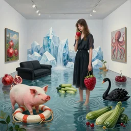 painting of a flooded modern art gallery and a tall emo girl holding a raspberry, art gallery interior, pig, lifebuoy, hemp ropes, courgette, waterfall, black lounge, feminine, organic, icebergs, pomegranates, octopus, zen, black swans, courgettes, berries, surrealist, by magritte and monet
