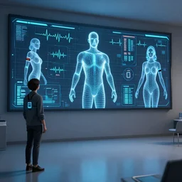 3 d room, sensors, dashboard, heartbeat, high detail, precise lines, angular, vector, biometric sensors, technical diagram, human wireframe, male and female, wearables, glowing, future