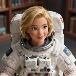 animation still frame of an attractive female astronaut ( medium blonde hair ) in an awesome pose, high angle closeup portrait, blurry background of the library, disney, pixar, bloom, medium shot, dramatic lighting, in the style of studio ghibli, j. c. leyendecker, greg rutkowski, artgerm