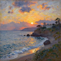 a beautiful mexican coast in a sunset, dramatic lighting, painted by claude monet