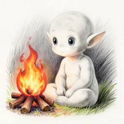 albino elf sitting by a campfire, finely illustrated face, highly detailed, colored pencil, studio ghibli, tankobon, in the style of ilya kuvshinov and krenz cushart and william - adolphe bouguereau and alphonse mucha