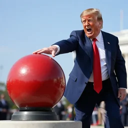 donald trump screams at the top of his lungs as he hits the big red nuclear bomb button, real event, historical event, realistic, hdr, clear image, hdd, dynamic lighting,
