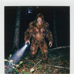 scary trail camera photograph of a bigfoot at night in the forest. obscurity. darkness!!!. flash light. motion blur. dim light. polaroid
