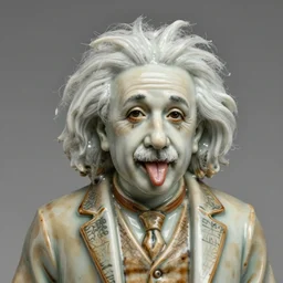 an exquisite, detailed, excellent condition chinese porcelain figurine of albert einstein with his tongue out, high definition close - up image, museum item