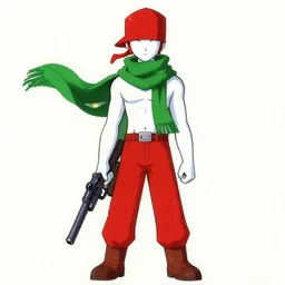 a drawing of a person with snow white skin, green scarf, red hat and trousers, with a gun, concept art by ken sugimori, featured on pixiv, rayonism, 2 d game art, official art, flat shading
