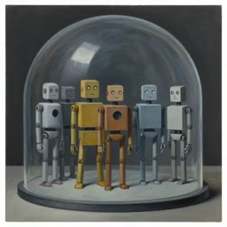 brutalist robots queue inside a dome, pj crook, grant wood, edward hopper, syd mead, chiaroscuro, oil on canvas