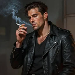 realistic gritty digital painting of a powerful modern handsome man smoking a cigarette