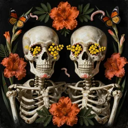 mimosa blossoms in the eye sockets of two skeletons, surrounded by gladioli, butterflies and worms, day of the dead, Dutch masters