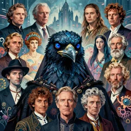 realistic detailed portrait movie still of a birdman wearing dark robes, sci fi city landscape background by denis villeneuve, amano, yves tanguy, alphonse mucha, ernst haeckel, max ernst, roger dean, david lynch, masterpiece, rich moody colours, blue eyes, snarling dog teeth