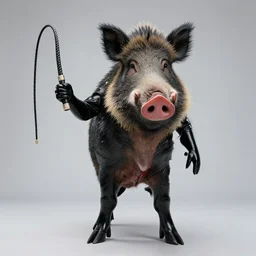 a boar dressed in latex holding a whip