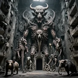 a hybrid of all animals, grotesque, beksinski, in a dark massive place brutalism, large scale, in the style of anatoly fomenko