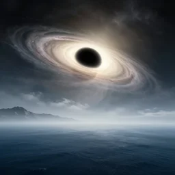 A black hole viewed from the surface of an ocean planet, sparse mountains on the horizon, clouds, light fog, dramatic lighting, stunning, art by Jessica Rossier. The black hole has a visible glowing accretion disk.