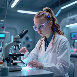 [ grimes as a scientist ]! working in a [ futuristic laboratory ]!, digital art!, trending on [ cgsociety ]!, cinematic still, neon! colors, bioluminescent lighting!, award winning, zbrush!, bottom view!