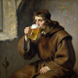 a medieval monk drinking a mug of beer in his cell; detailed; a painting by Claude Monet