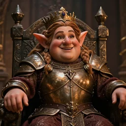 portrait, chubby hearty benevolent female dwarf queen, bronze dwarven breastplate, complex braided hair, regal and proud robust woman, cheerful expression, big nose style by jeff easley, brian froud, jeff easley dramatic light, high detail, cinematic lighting, artstation, dungeons and dragons, throne room,
