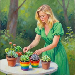painting by Małgorzata Kmiec of a beautiful blonde woman with shoulder length hair in a forest green dress putting colorful succulents into rainbow pots at a square table
