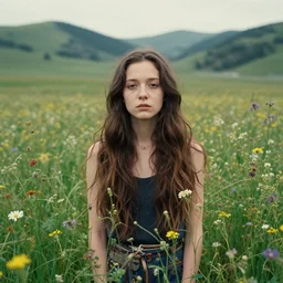 a photograph of the most ugliest woman that has ever existed, surrounded by an auwfull natural sightseeing accompanied by the worst wild flowers.