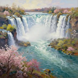 the most beautiful panoramic landscape, oil painting, where a giant dreamy waterfall creates a river, the trees around are starting to bloom in a variety of colors, by greg rutkowski