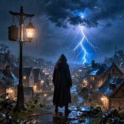 a still of a cloaked figure standing in crux prime, bree, lantern - lit town, there is lightning, blue fiery maelstrom in the distance, it is raining, digital art, artstationhq