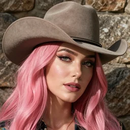 closeup headshot photo of the woman with a cowboy hat, long pink hair, stone wall background and photography by Gregory Crewdson