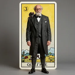 older fantasy butler that looks similar to michael kane, full body portrait, handsome, 4 k, tarot card style, photo realistic, balding, well dressed, pet rat on shoulder