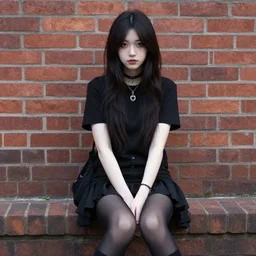 a photograph of an emo goth girl sitting on a brick wall in front of a British house on a hot day, 2006, black hair