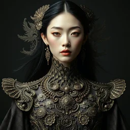 portrait of liu wen by irakli nadar with intricate detailed wearing avant garde dress designed by rocky gathercole, haunting, elite, elegant, ruan jia, dark, hyper detailed, concept art, by gustav klimt