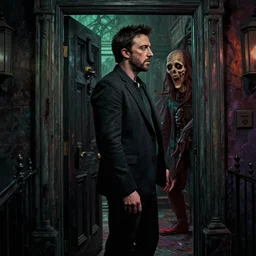 cinematic colorful horror artwork by artgerm, beksinski, stephen king ; real life full portrait of ben affleck standing at front entrance doorway ; side face profile ; night time ; haunting ominous scary, 8 k hdr, creepy intricate ; volumetric dramatic lighting, insanely detailed, artstation
