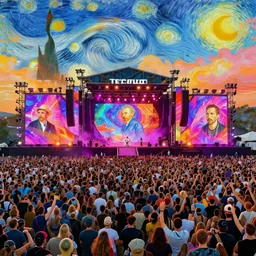 techno party rave gigantic stage and thousands of party people beautiful picture and scenery, vibrant colors, official fanart behance hd artstation by greg rutkowski, by jeremy mann, by francoise nielly, by van gogh