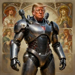 donald trump in a mech suit, highly detailed, digital painting, matte, sharp focus, art by wlop, greg rutkowski, alphonse mucha, frank frzetta, boris vallejo, bouguereau, beksinski, cinematic, octane render