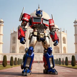 optimus prime standing near taj mahal, octane render, volumetric lighting, art by furio tedeschi, hyper detailed