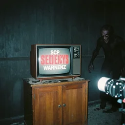 Photograph of an old black room with a TV playing an emergency warning, dust in the air, brown wood cabinets, SCP, taken using a film camera with 35mm expired film, bright camera flash enabled, award winning photograph, sleep paralysis demon in corner, creepy, liminal space, in the style of the movie Pulse