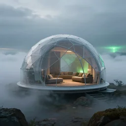 futuristic innovation. modular dome house. there is paradise in heaven. smoky ambience. slight green glow in the very far distance. as seen in my dreams of heaven.