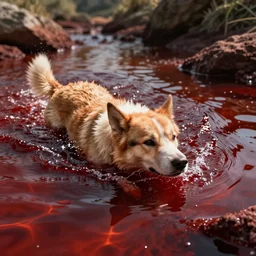 dog swims in blood