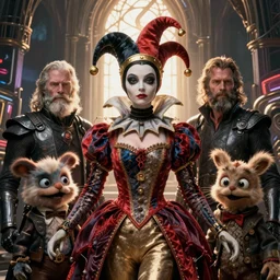 detailed ultrarealistic photography medium shot of fantasy postapocalyptic jester queen addams family and furry muppet puppet cyberpunk leyendecker, symmetric norman rockwell, ian miller, artstation cinematic, vray game of thrones, lord of the rings, star wars