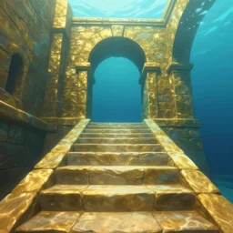 a beautiful illustration of a an underwater first person perspective shot looking up a stone staircase leading to an ancient stone archway in a city of brass covered in coral and sea life that leads to with aaahh!!! Real monsters pouring out of it by James Gurney and beeple | Time White: .3 | cinematic lighting | unreal engine