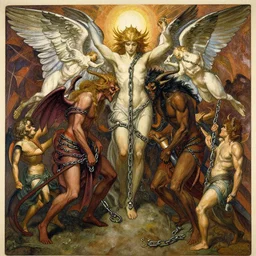 book of enoch, angels capture demons with huge chains and send them to hell, by greg rutkowski and oi and mucha and bierstadt and remington, trending on artstation