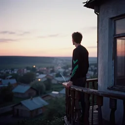 lomo photo sindzi from evangelion standing on small hrushevka balcony full with cigarette smoke in small russian town looking at sunset, cinestill, bokeh