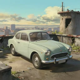 an old retro car in a ruined penthouse, painting by craig mullins, octane rendering, soft morning lighting, wide angle lens, in the style of hayao miyazaki, trending on artstation,