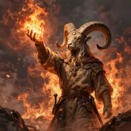 ram horned oracle brings fire down from the sky, medieval style, highly detailed, digital painting, volumetric light, 8k detailed
