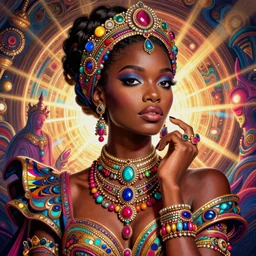 the portrait of the absurdly beautiful, graceful, elegant, gorgeous, fashionable dark skinned glamour model made with colorful jewelry, an ultrafine hyperdetailed photograph by irakli nadar, intricate linework, bright colors, octopath traveler, final fantasy, unreal engine highly rendered, global illumination, radiant light, intricate environment