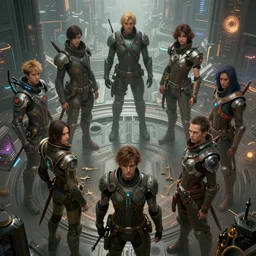beautiful cyberpunk people in a circle fantasy character portrait, ultra realistic, sci fi city, wide angle, intricate details, the fifth element artifacts, highly detailed by peter mohrbacher, hajime sorayama, wayne barlowe, boris vallejo, aaron horkey, gaston bussiere, craig mullins