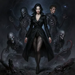 lady in black coat and pantyhose, cosmic horror style, intricate, seductive confident pose, realistic, highly detailed, digital painting, art by wlop and artgerm and ross tran and greg rutkowski, charlie bowater