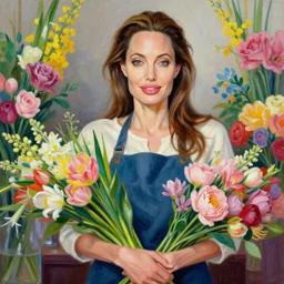 angelina jolie as a florist, vivid colors, photorealistic painting by mandy jurgens, trending on artstation, photorealism, detailed painting, behance hd, hyper realism