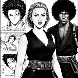 scarlett johansson, scene by david finch, black and white, afro samurai manga style