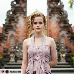 emma watson wearing kebaya bali in bali. temple background. front view. instagram holiday photo shoot, award winning photography, perfect faces. beautiful