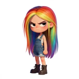 a cute grungy pixar woman with rainbow hair, drunk, angry, soft eyes and narrow chin, dainty figure, long hair straight down, torn overalls, short shorts, combat boots, basic white background, side boob, symmetrical, single person, style of by Jordan Grimmer and greg rutkowski, crisp lines and color,